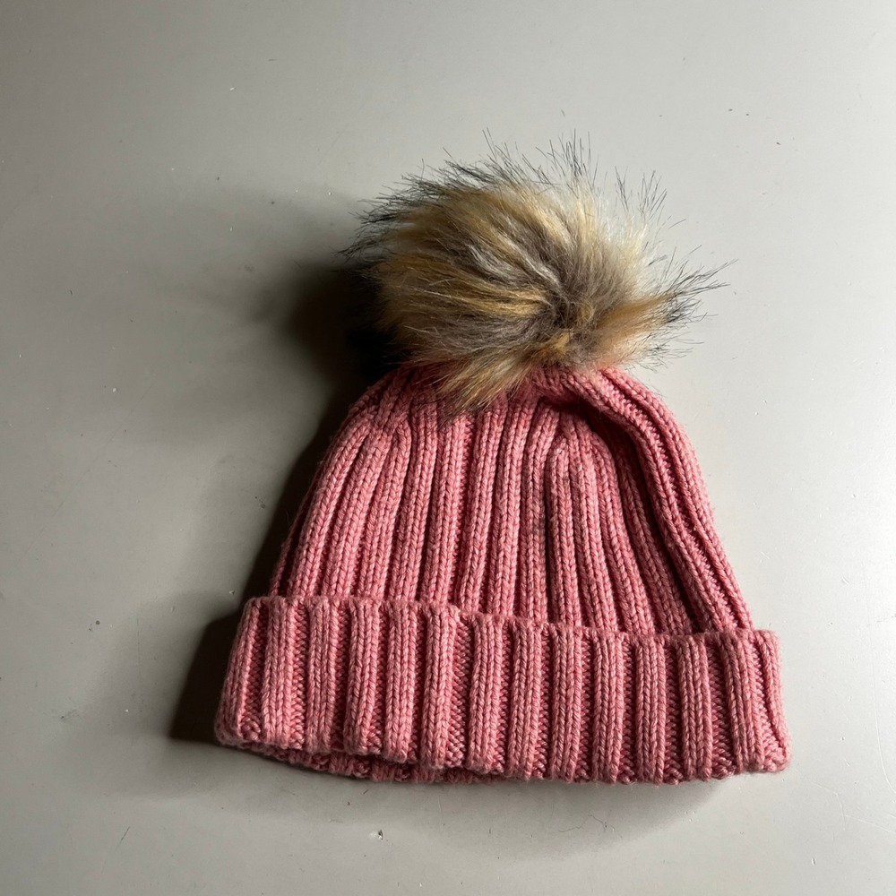 J.Crew Pink Ribbed Knit Beanie Faux Fur Pom Pom Wool Blend Hat One Size